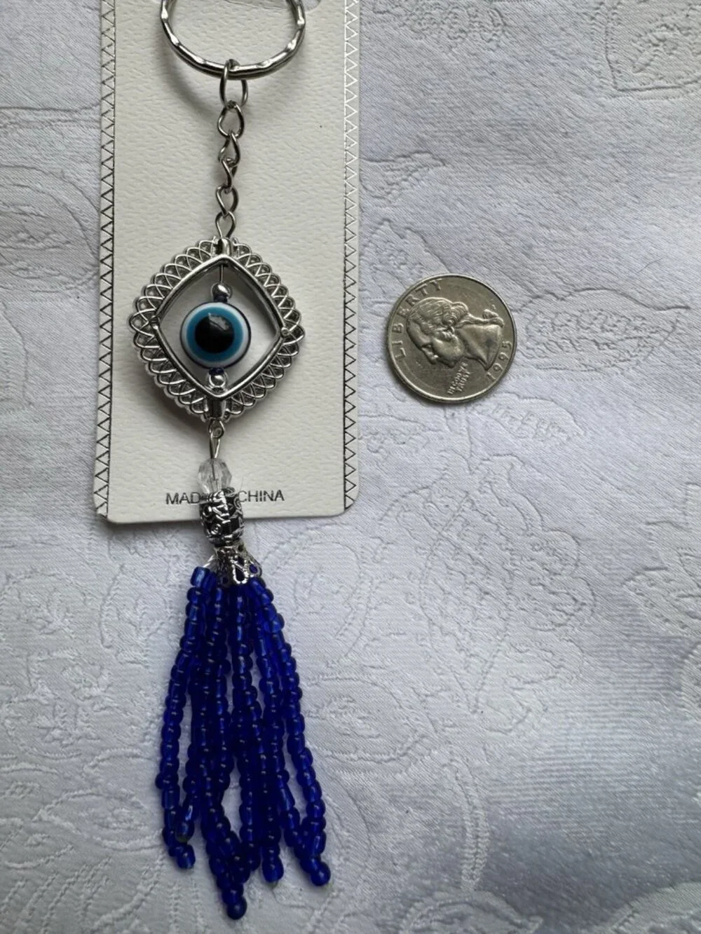 NEW Silvertone Blue Rolling Evil Eye Triangle Keychain Protection Tassel Beads